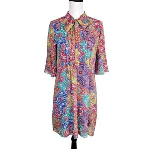 Leslie Fay Multicolor Bold Print Half Flounce Sleeve Neck Tie Shift Dress